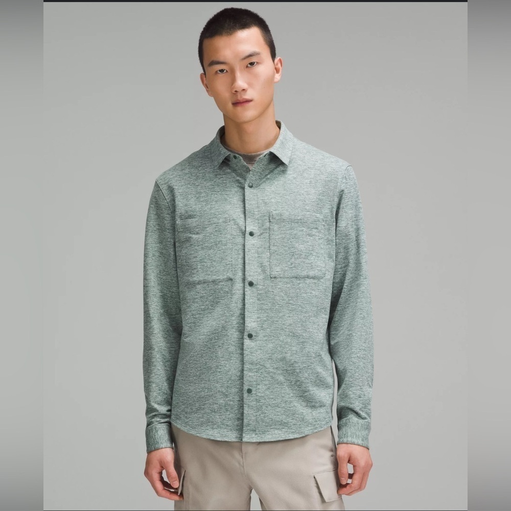 Lululemon Shirt Mens Large Green Rulu Button Up Shirt Snap Soft